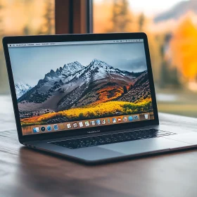 Laptop Displaying Breathtaking Mountain Landscape