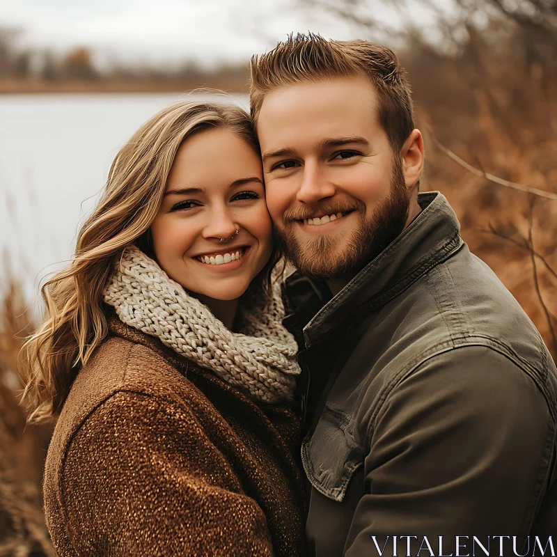 Smiling Couple Embracing Outdoors AI Image