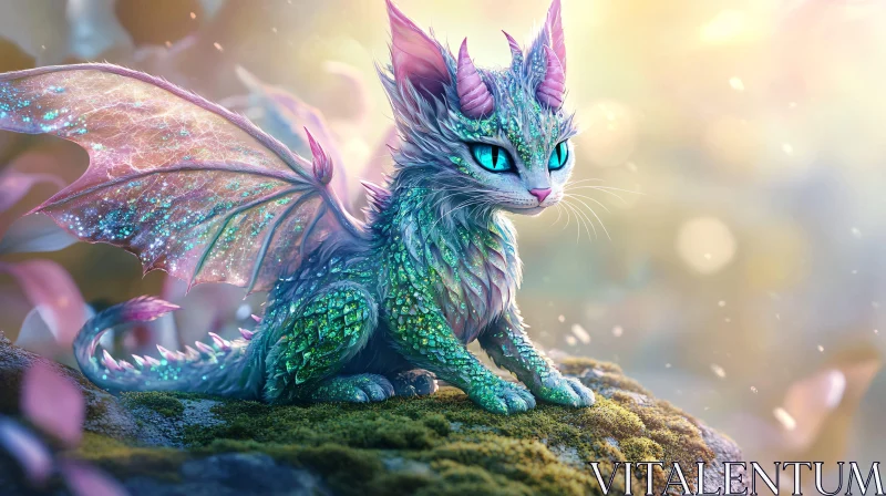 Whimsical Dragon Cat on Mossy Stone AI Image