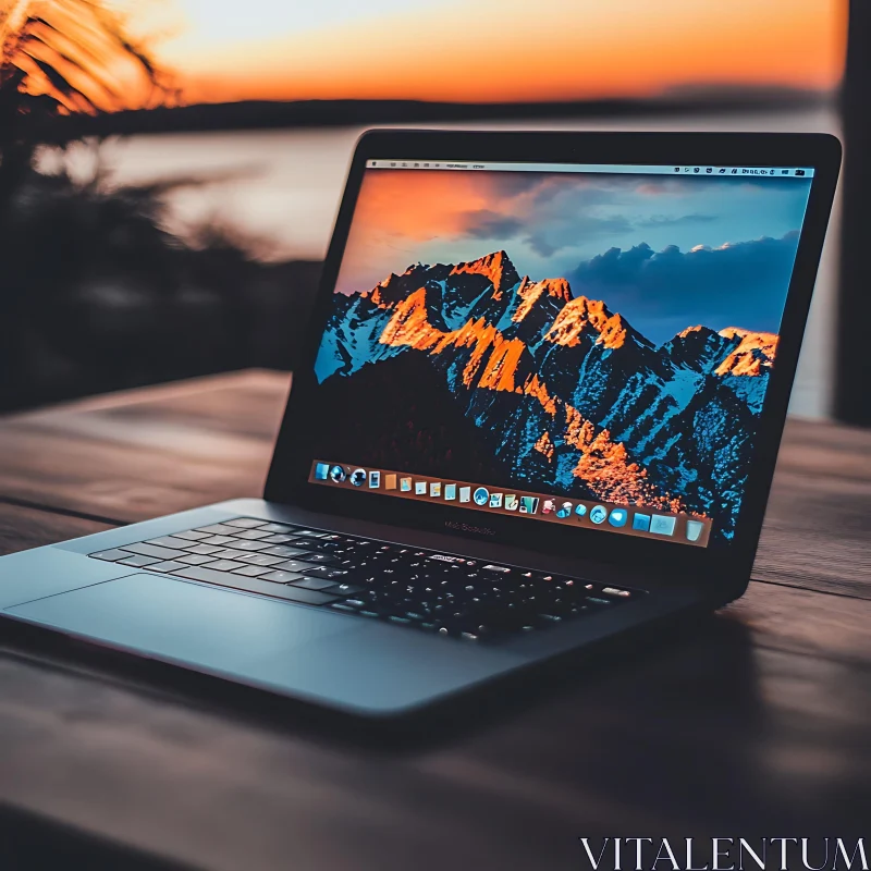 Laptop Displaying Mountains at Sunset AI Image