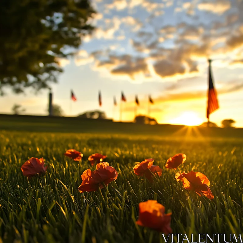Sunset Field with Flowers and Flags AI Image