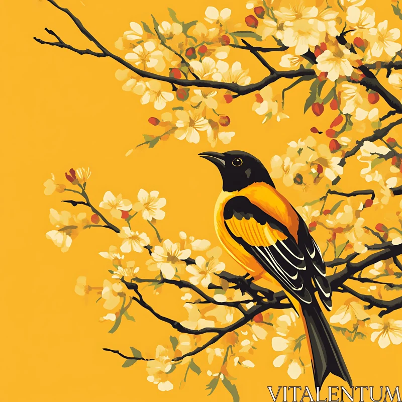 Floral Branch Bird Illustration AI Image