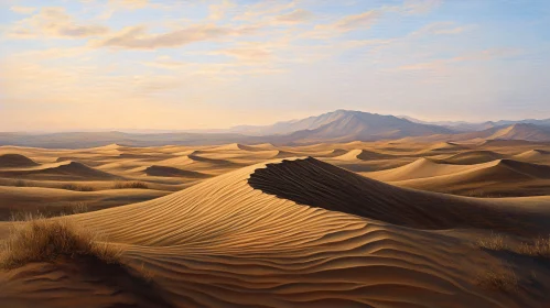 Golden Sand Dunes at Sunset in a Vast Desert