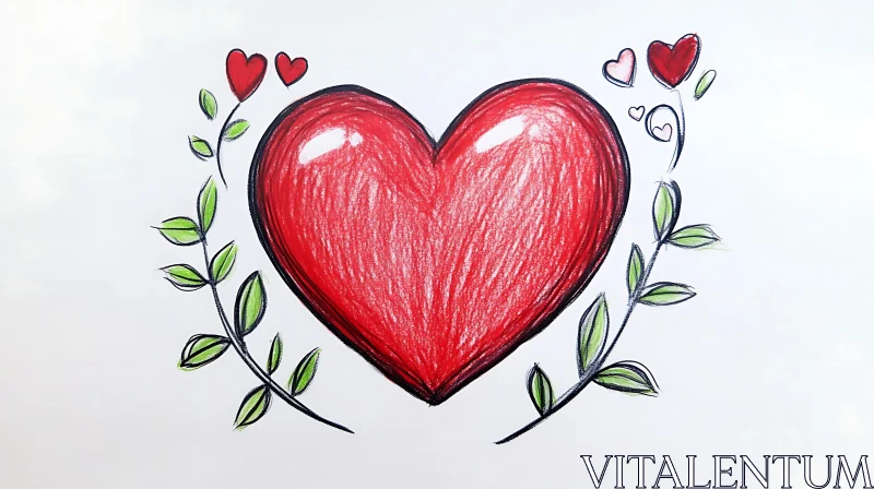 Love Heart Sketch with Green Leaves AI Image