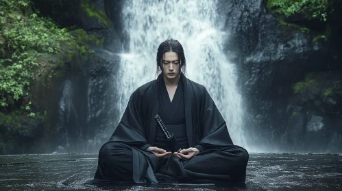 Man Meditating Near Waterfall