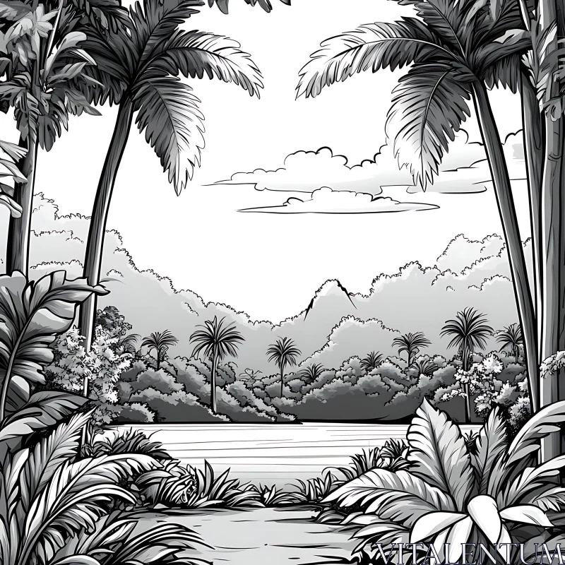 Tropical Forest Illustration in Shades of Gray AI Image