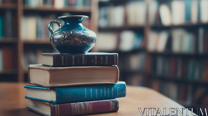 Antique Books with Decorative Vase AI Image