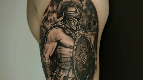 Grayscale Spartan Warrior Tattoo