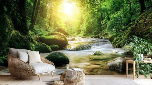 Serene Forest Stream with Captivating Sunlight