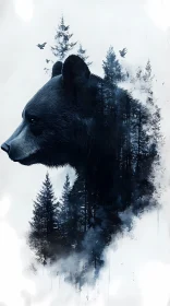 Bear Profile with Forest and Birds