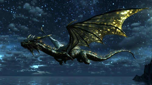 Dragon Soaring Over Water at Night