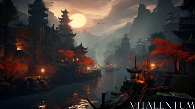 Enchanting Asian Village Scene with Moody Lighting and Romantic Riverscape AI Image