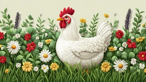 Colorful Chicken amidst Blooming Flowers