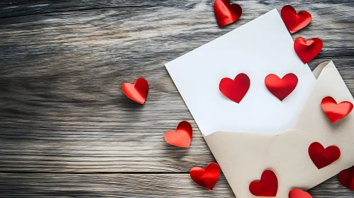 Hearts and Envelope on Wooden Background