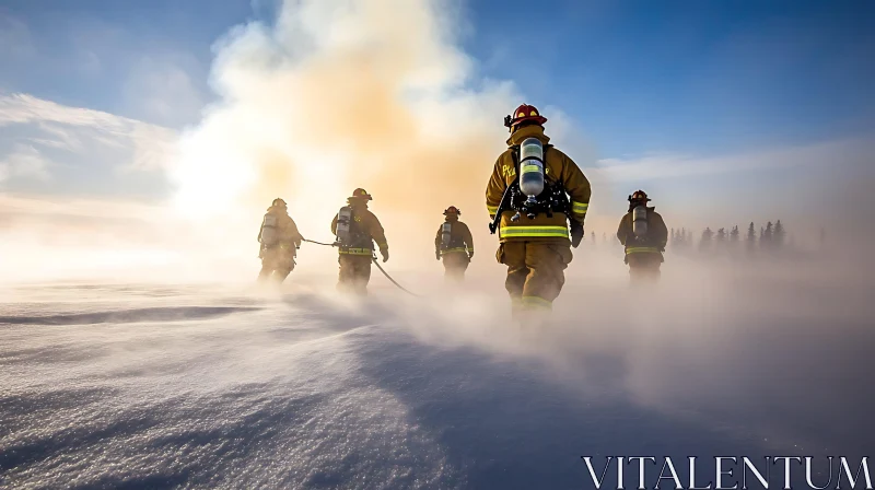 Brave Firefighters Marching Through Snow AI Image