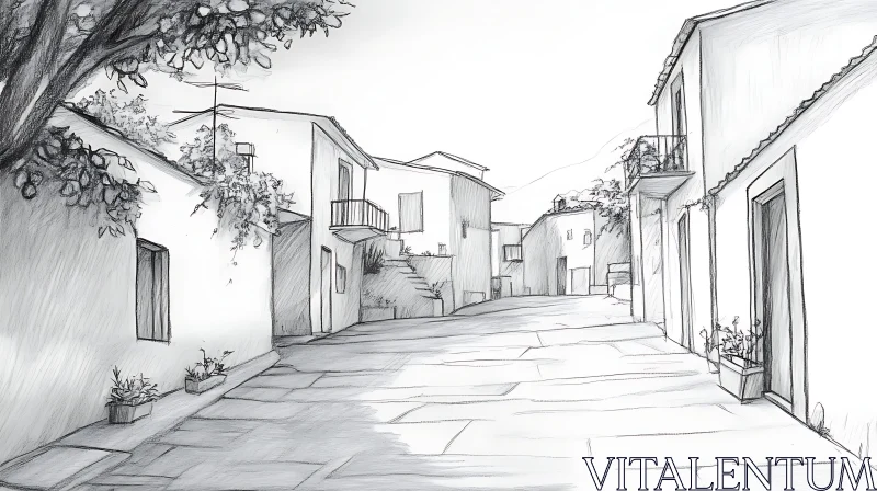 Pencil Sketch of a Quaint Street AI Image