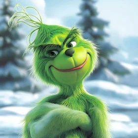 Green Grinch against Snowy Backdrop