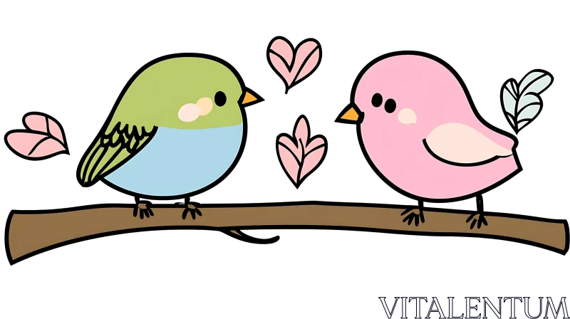 Sweet Bird Couple on a Branch AI Image