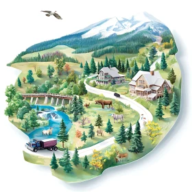 Scenic Mountainous Nature with River and Diverse Wildlife