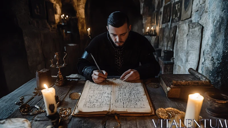 AI ART Man Writing with Quill in Stone Room