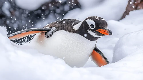 Gentoo Penguin Amid Snowflakes