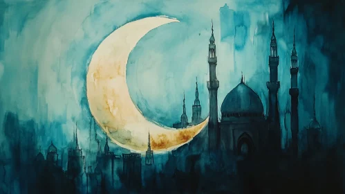 Mosque and Moon Watercolor Painting