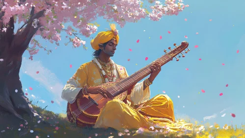 Spring Serenade: Indian Musician's Peaceful Performance