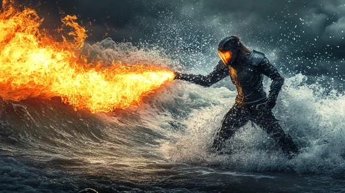 Fiery Armored Warrior in Ocean Clash