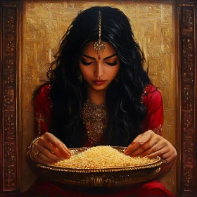 Serene Portrait: Woman and Golden Bowl