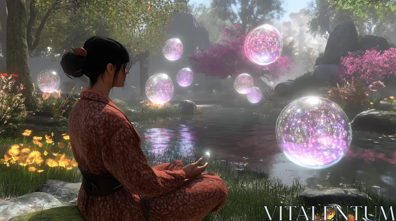 Woman Meditating with Glowing Orbs AI Image