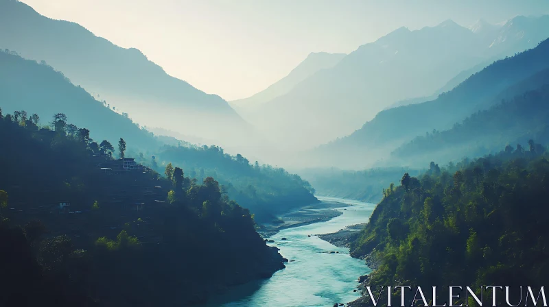 Tranquil Valley River Scene AI Image