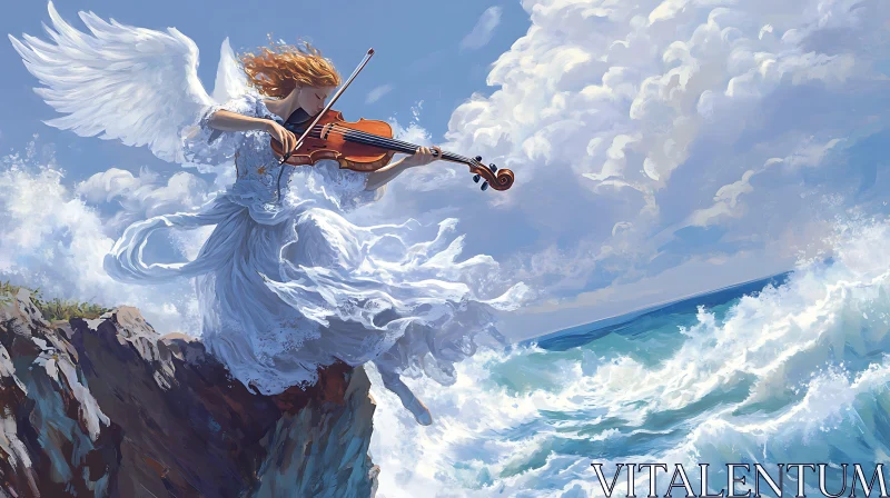 AI ART Winged Musician by the Ocean