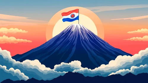 Flag on Mountain Peak at Sunrise