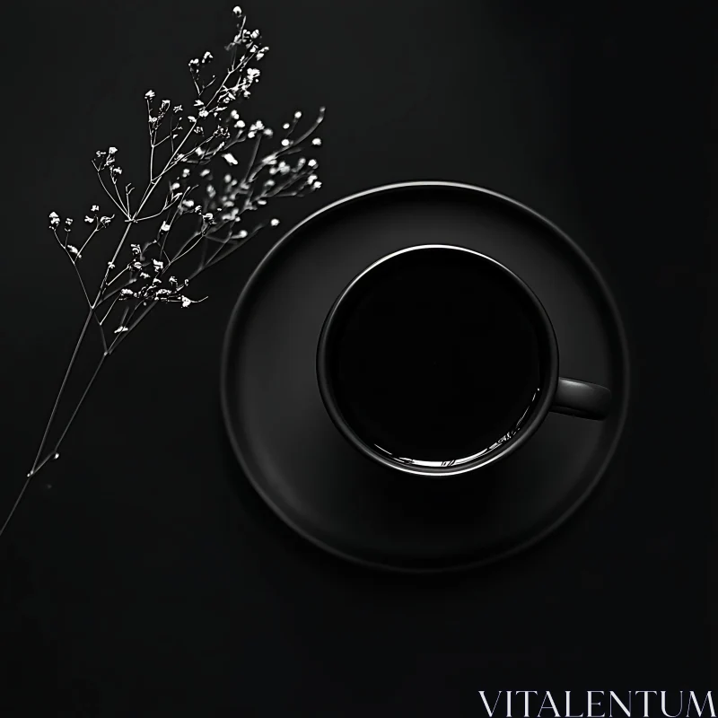 AI ART Black Coffee with Delicate White Flowers