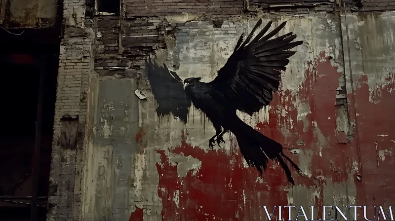 Black Bird Mural on Distressed Wall AI Image