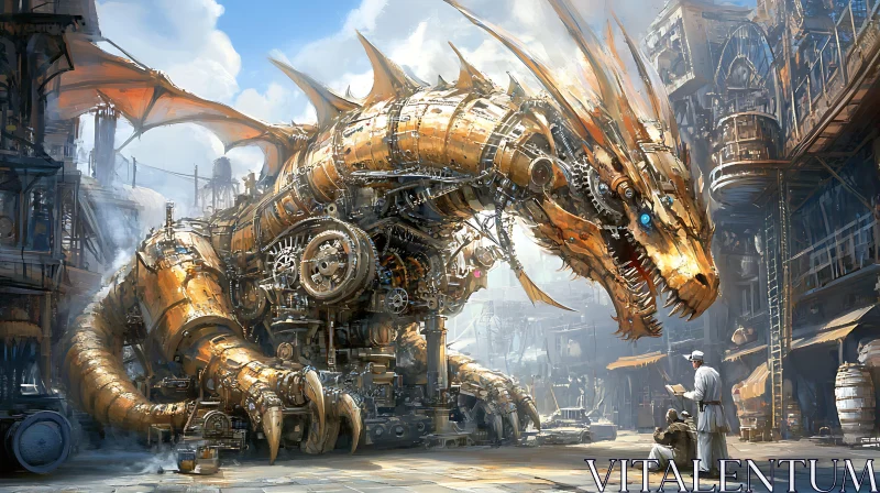 Mechanical Dragon in Urban Setting AI Image