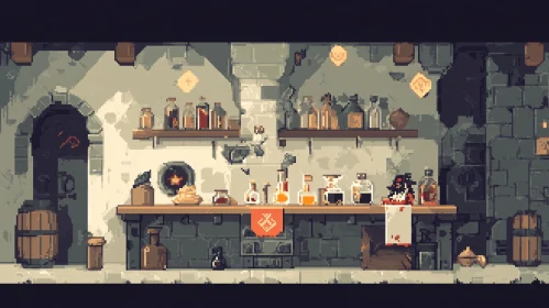 Vintage Pixel Art Interior with Bottles