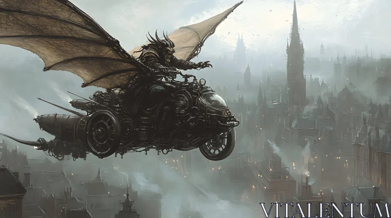 AI ART Steampunk Dragon Rider Soaring Above the City