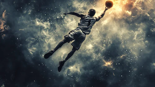 Athlete's Leap: Basketball in Cloudy Sky