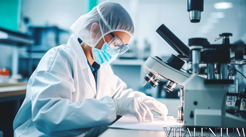 Female Scientist Working on Microscope in White Lab Coat AI Image