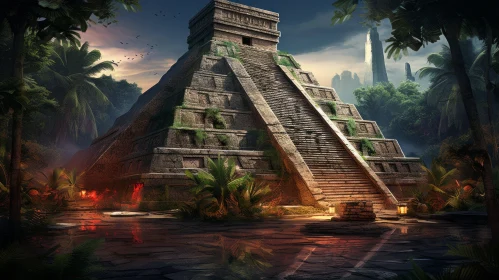 Intricate Digital Art of Aztec Pyramid in Jungle