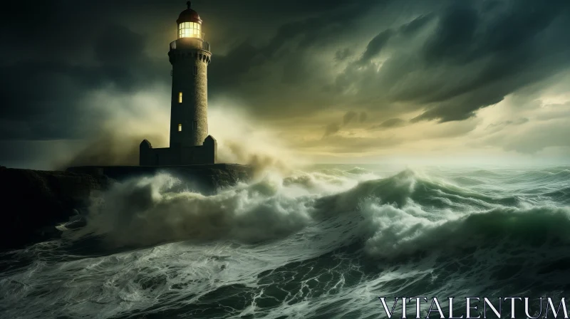 Lighthouse on Stormy Waves: A Dark Fantasy Depiction AI Image