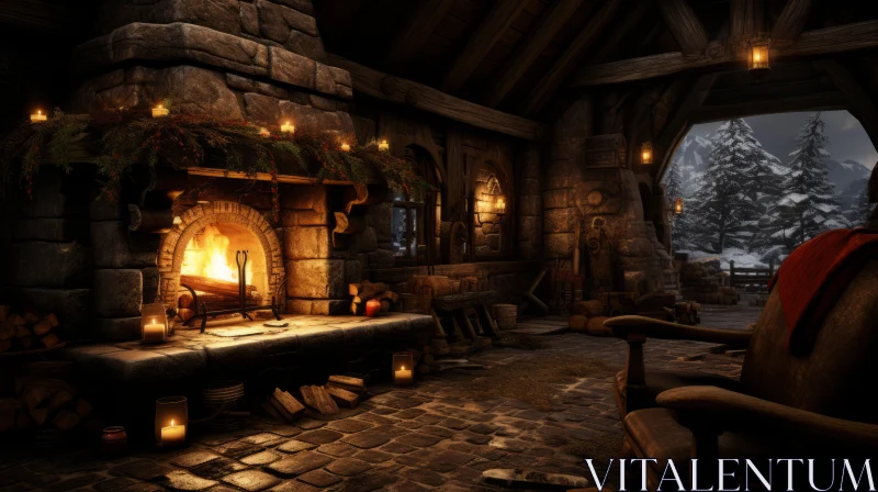 Medieval Inspired Wooden Living Room with Fireplace AI Image