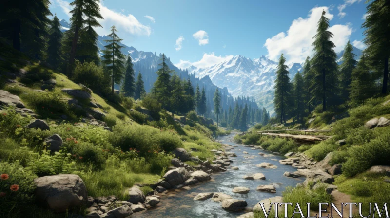Serene Mountain Valley with Log Bridge AI Image