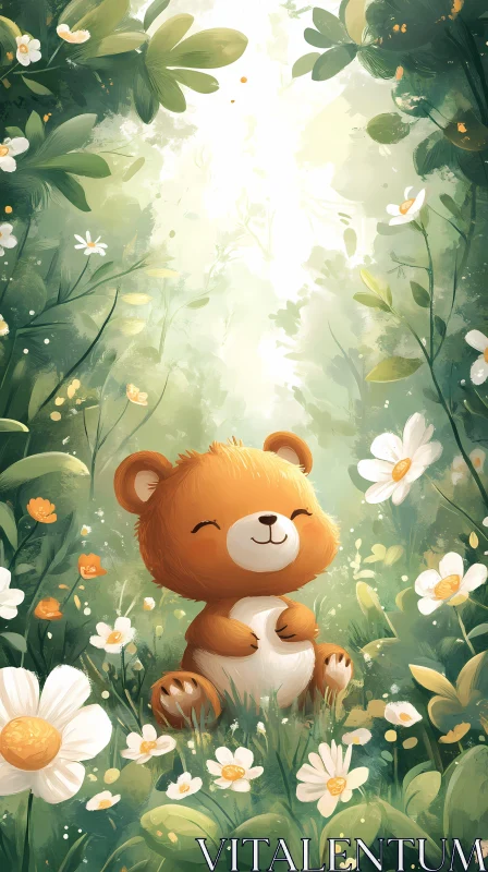 Adorable Bear Amidst Blossoms AI Image