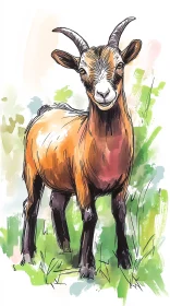 Illustrated Goat in a Lush Field