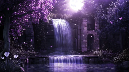 Enchanted Waterfall in Moonlit Purple Forest