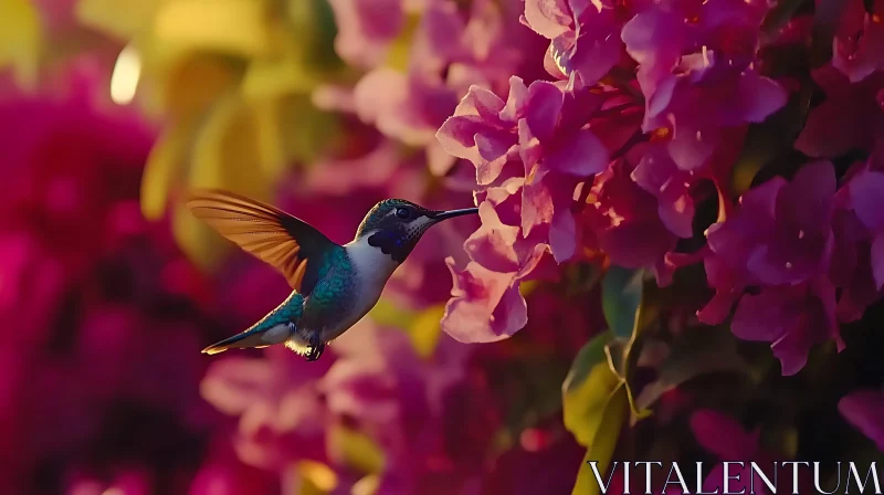 Hummingbird Sipping Nectar From Pink Flowers AI Image