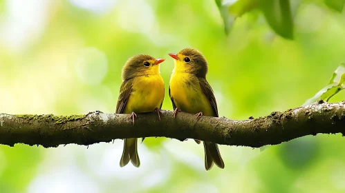 Yellow Birds on Tree Branch