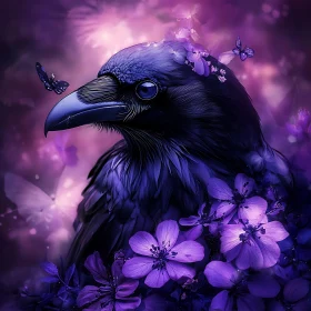 Floral Raven Portrait with Butterflies